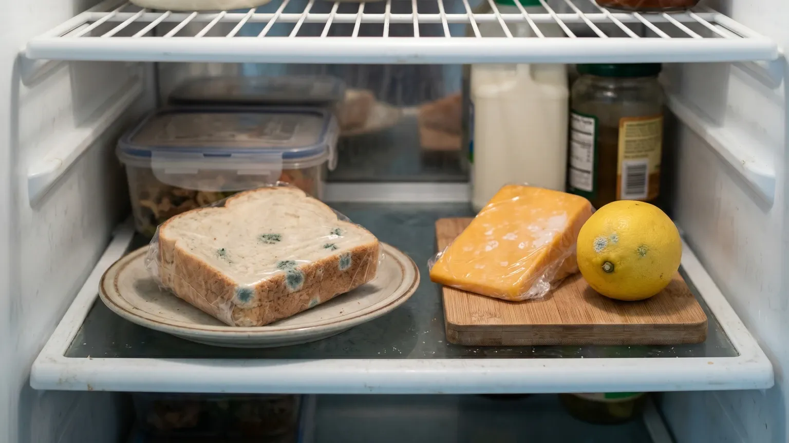 Fridge shelf with a slice of bread showing early blue-green mold spots, a wedge of cheddar with light white surface bloom, and a lemon with modest mold, in natural refrigerator light