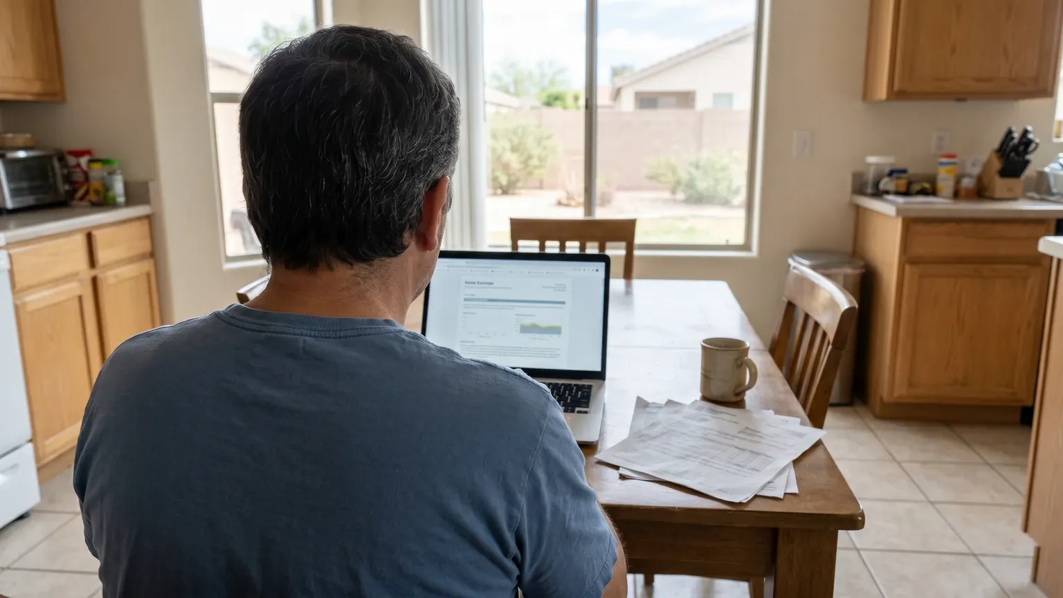 Homeowner at a kitchen table in a Phoenix home reviewing mold remediation quotes on a laptop, two printed pages visible beside the screen, calm residential setting.