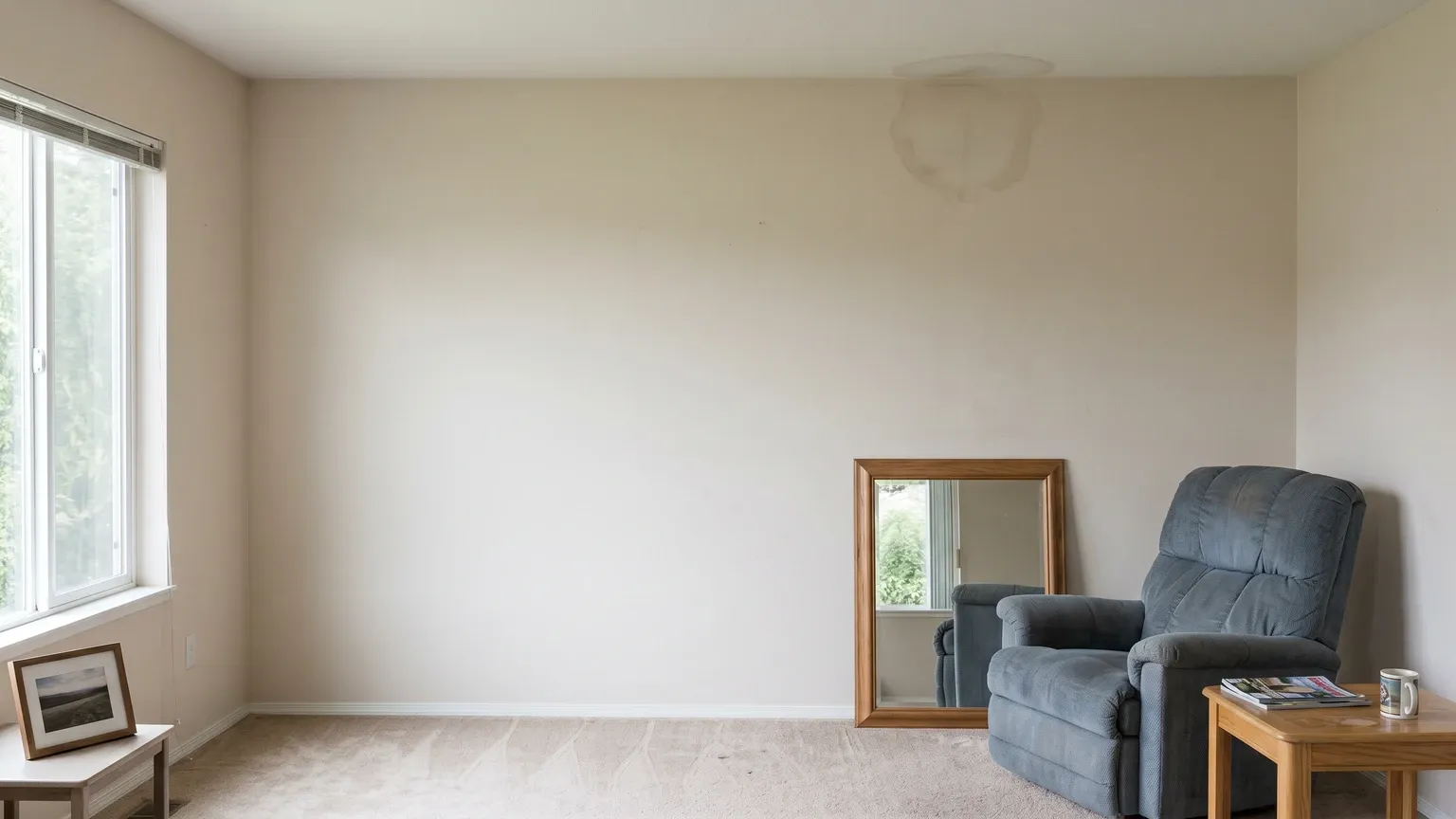 Modest residential interior showing a subtle water stain on drywall — the kind of slow moisture intrusion that creates conditions for mold growth