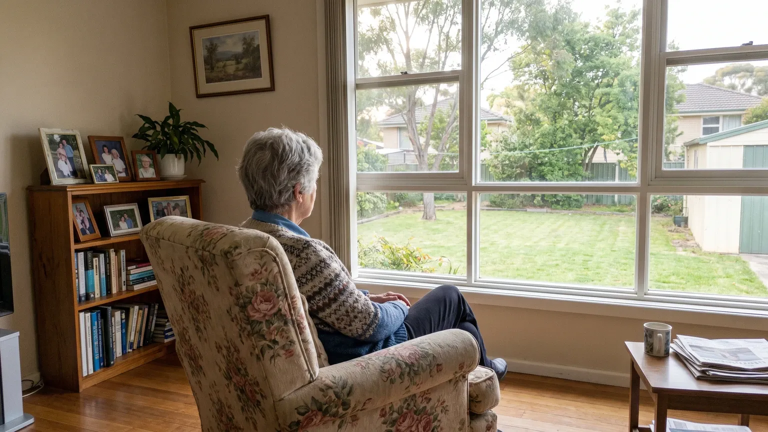 An older adult with grey hair seen from behind, sitting in a fabric armchair looking out a living-room window in an ordinary sunlit home, no face visible — representing one of the groups treated as more sensitive to indoor mold.