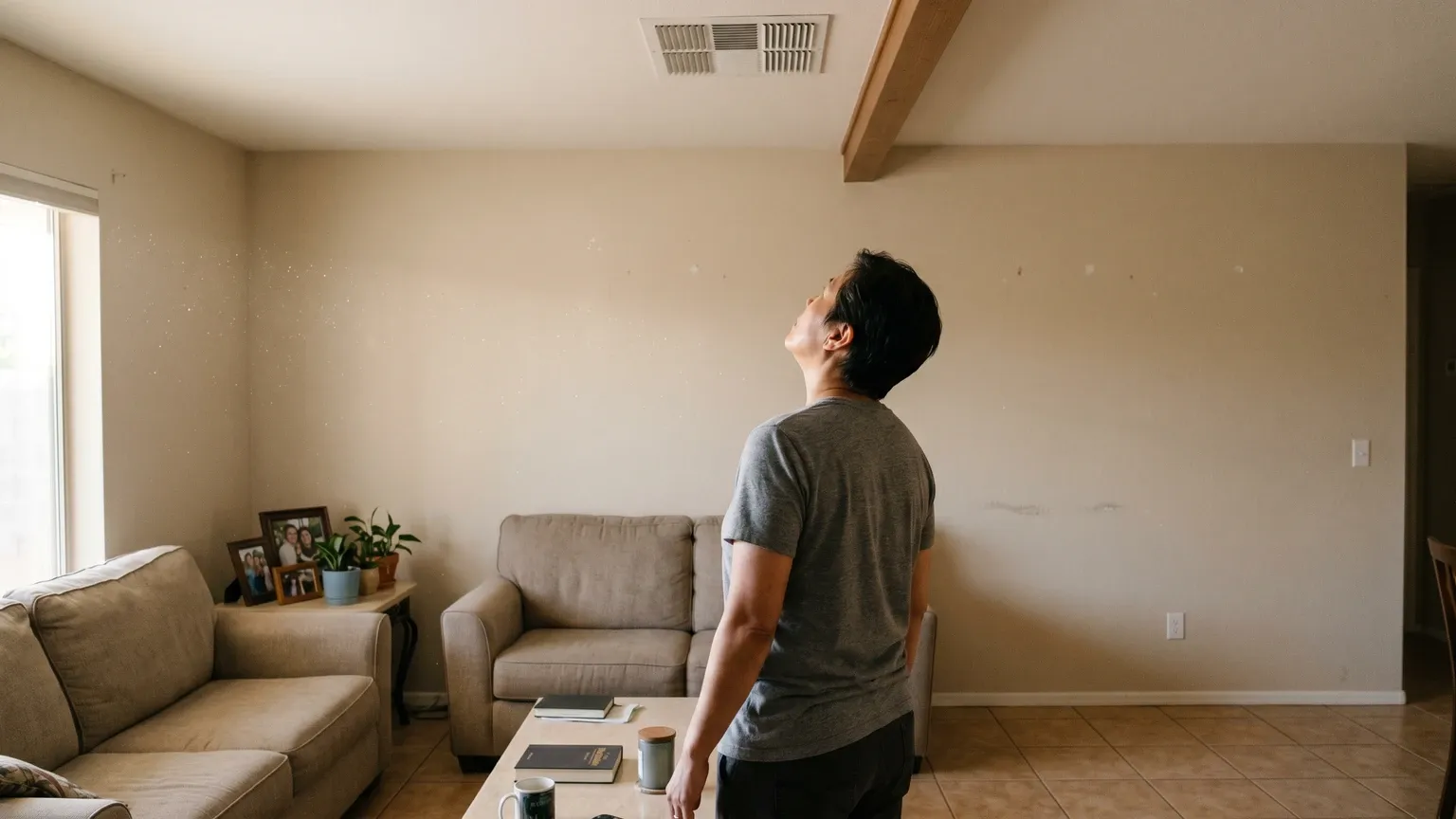 Person standing in a Phoenix home living room pausing near a ceiling AC vent, noticing an odor, soft afternoon indoor light, no identifiable face.