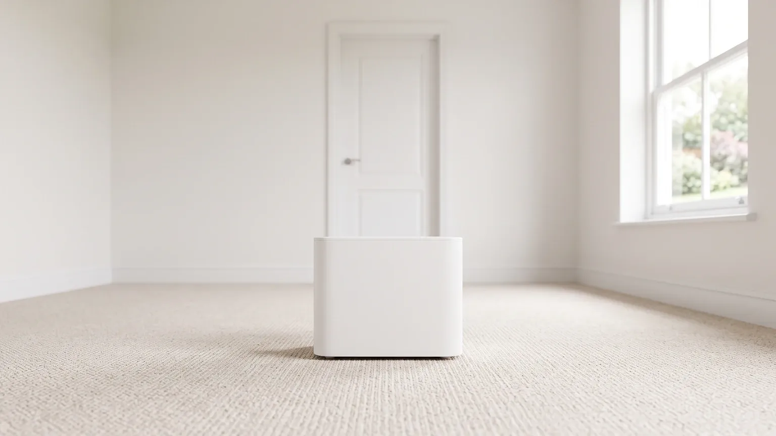 A small plain white portable ozone machine sitting on the floor in the middle of an empty, closed bedroom with pale walls and no furniture
