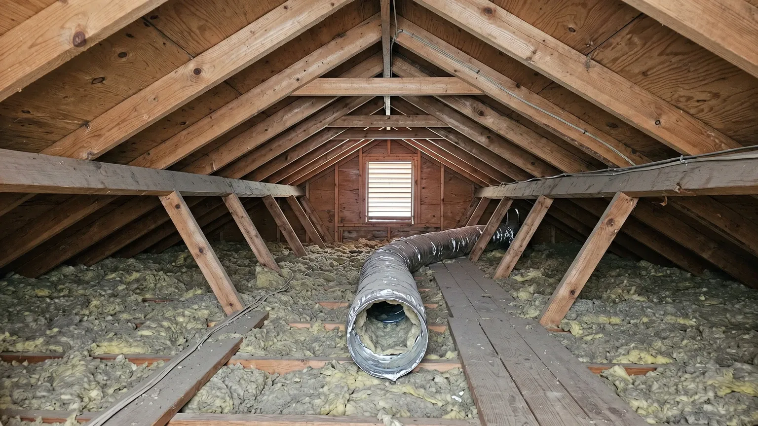 Ordinary residential attic interior with silver flex duct lying loose on the insulation near the attic floor, wooden rafters visible overhead, diffuse light from a gable vent.