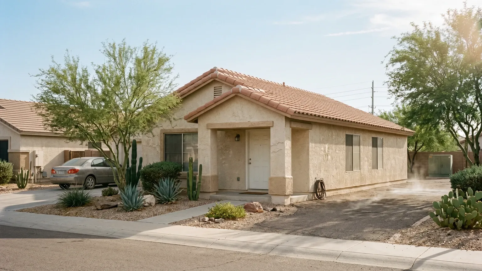 A Phoenix suburban home exterior in afternoon desert heat, beige stucco walls, terracotta tile roof, heat shimmer above the driveway, pale blue sky.
