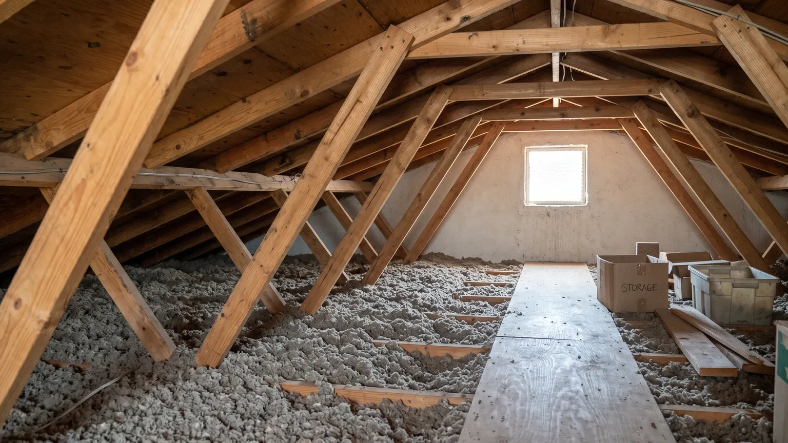 Phoenix home attic interior in summer, wooden rafters and blown insulation visible under natural light from a gable vent, dusty and warm
