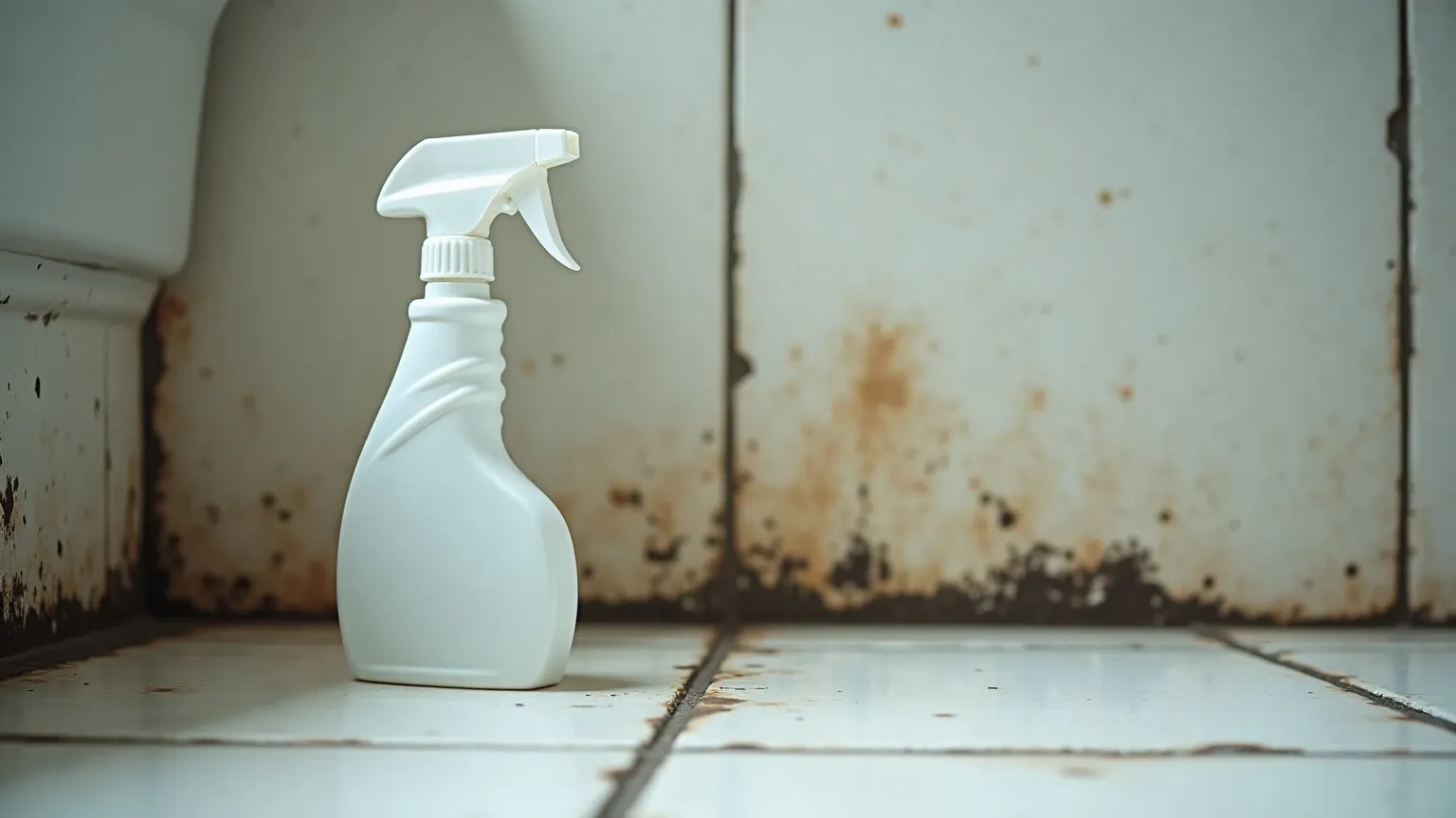 Bleach spray bottle sitting on a bathroom tile floor next to a wall section with dark mold stains on grout lines, cleaning supplies nearby