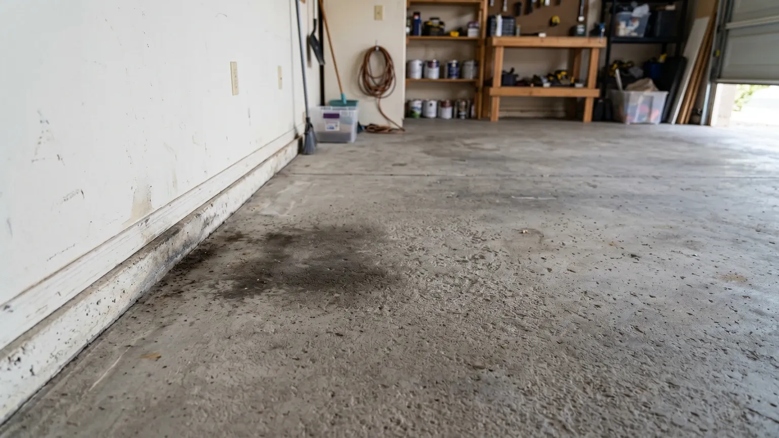 Phoenix garage concrete floor with a modest dark stain near the wall base that could be mold, oil, or efflorescence — natural workshop light, homeowner-eye view.