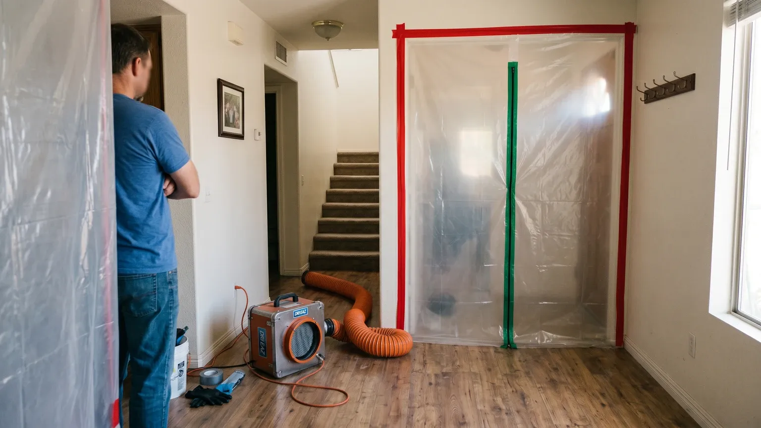 Poly containment sheeting sealed over a hallway doorway during mold remediation in a Phoenix home, with a HEPA air scrubber running on the floor and an orange flexible exhaust duct, mid-day natural light coming through a nearby window.