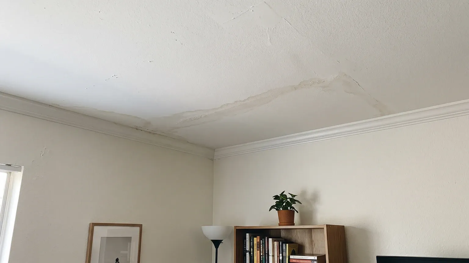A downstairs Phoenix condo living room ceiling with a faint tan-brown water stain spreading from the corner, paint slightly discolored, no people, natural afternoon light.