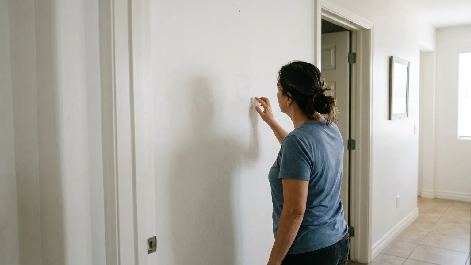 Phoenix homeowner in a well-lit hallway examining a small faint water stain on a white drywall wall, calm indoor setting, natural window light.