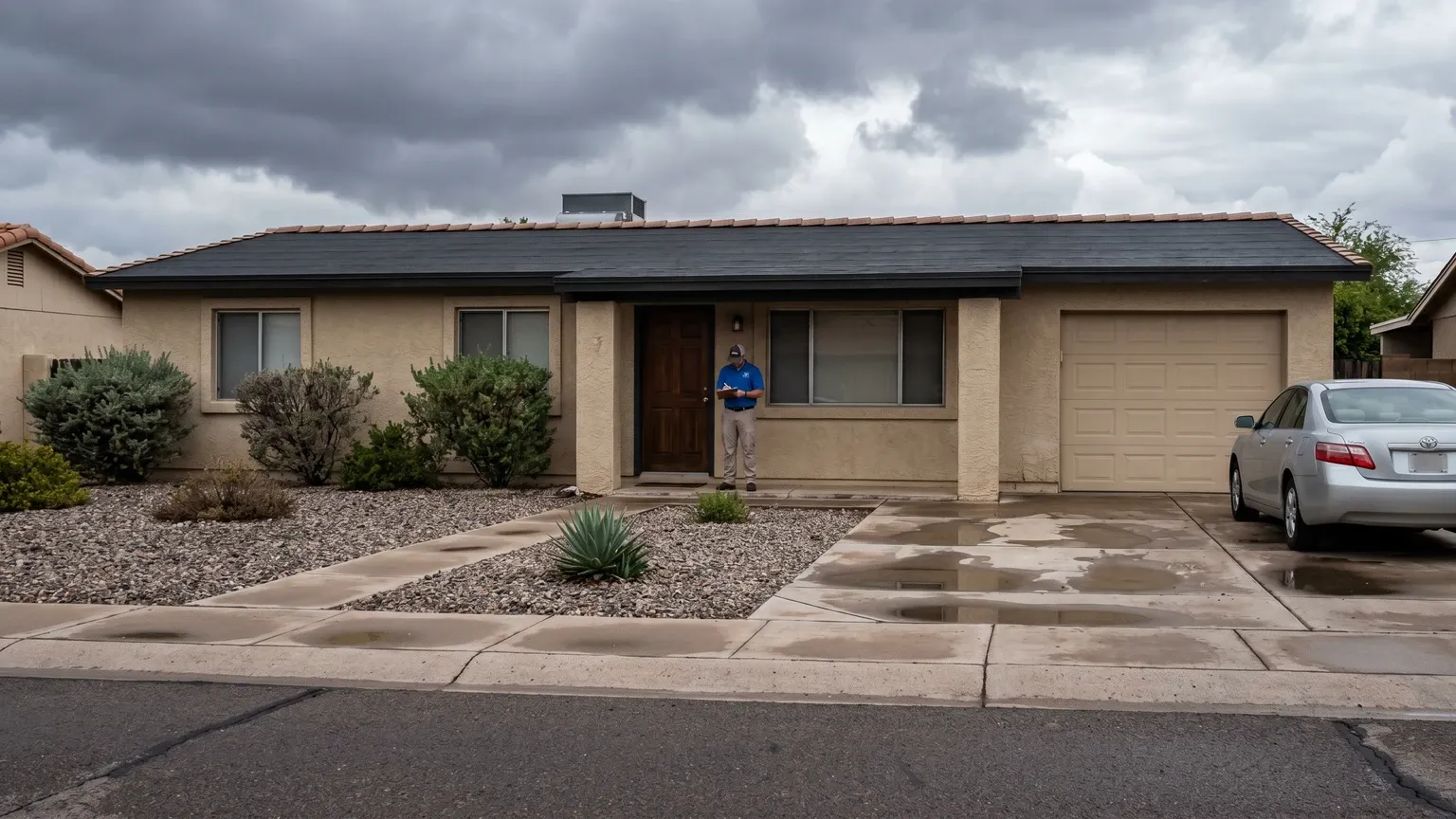 A Phoenix stucco home exterior after a monsoon storm with wet driveway and receding dark clouds, a homeowner visible at the front door reviewing paperwork on a clipboard, desert gravel landscaping in the foreground.