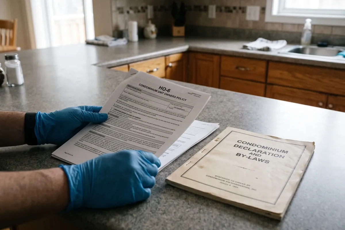 Gloved hands holding an HO-6 insurance policy document on a kitchen counter, a condo declaration booklet visible nearby, natural window light, no faces.