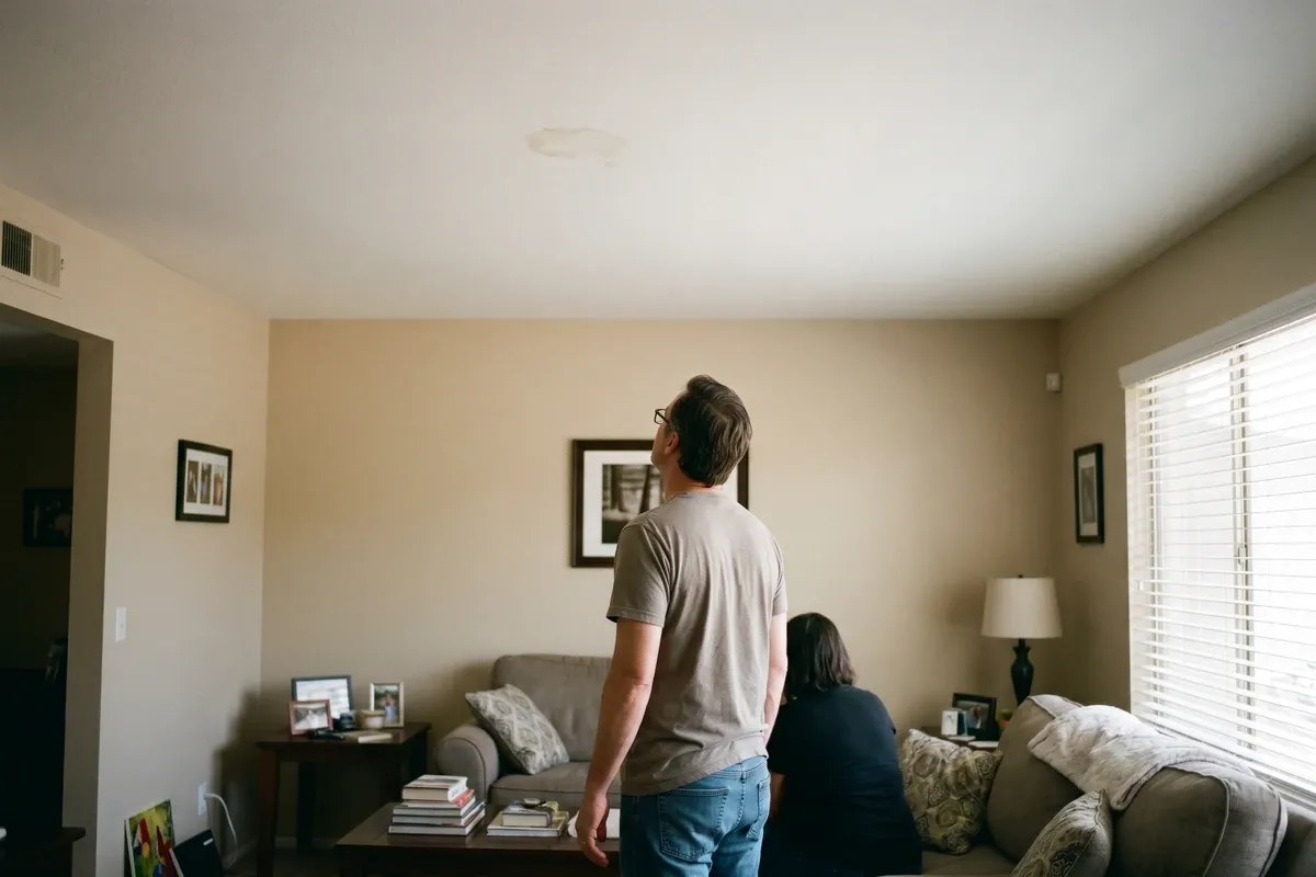 A homeowner looking up at a faint brownish water stain on a white interior ceiling, ordinary living room, afternoon light from window blinds, partially visible from behind.