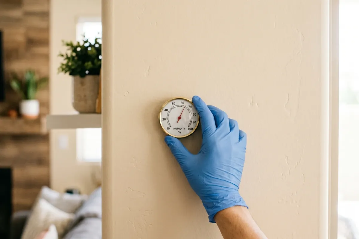 A gloved hand checking a humidity gauge on a Phoenix home interior wall, showing elevated indoor relative humidity during summer.