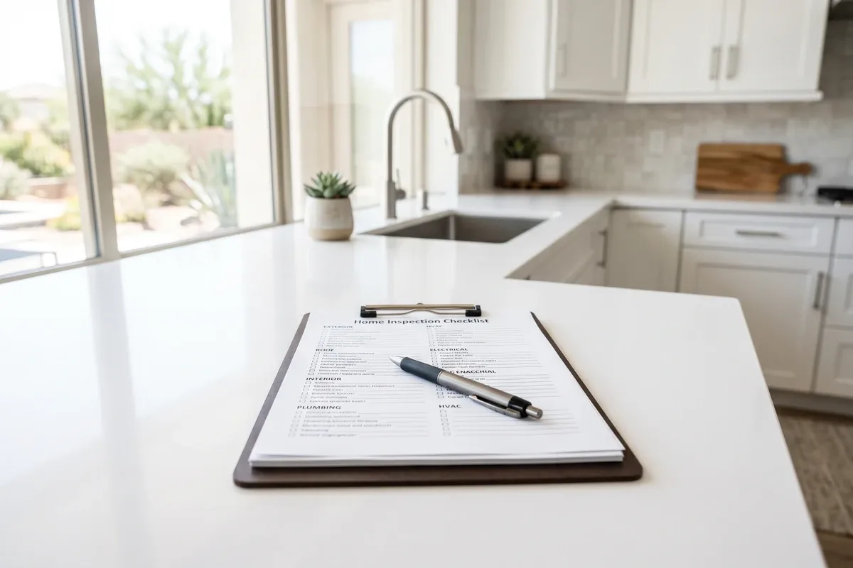 A clipboard with printed home inspection report pages on a bright kitchen counter in a modern Arizona home, a pen resting on the checklist, natural light from a nearby window, no branding or letterhead visible