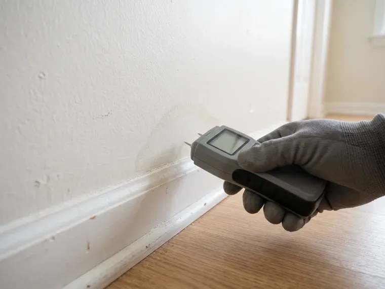 Gloved inspector hand holding a moisture meter against drywall near a baseboard, faint water stain visible on the wall, close-up documentary style