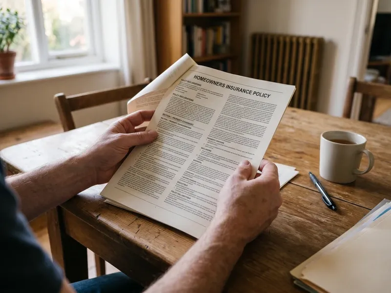 A homeowner's hands holding an open insurance policy document on a wooden table, reviewing the printed coverage terms in natural window light.