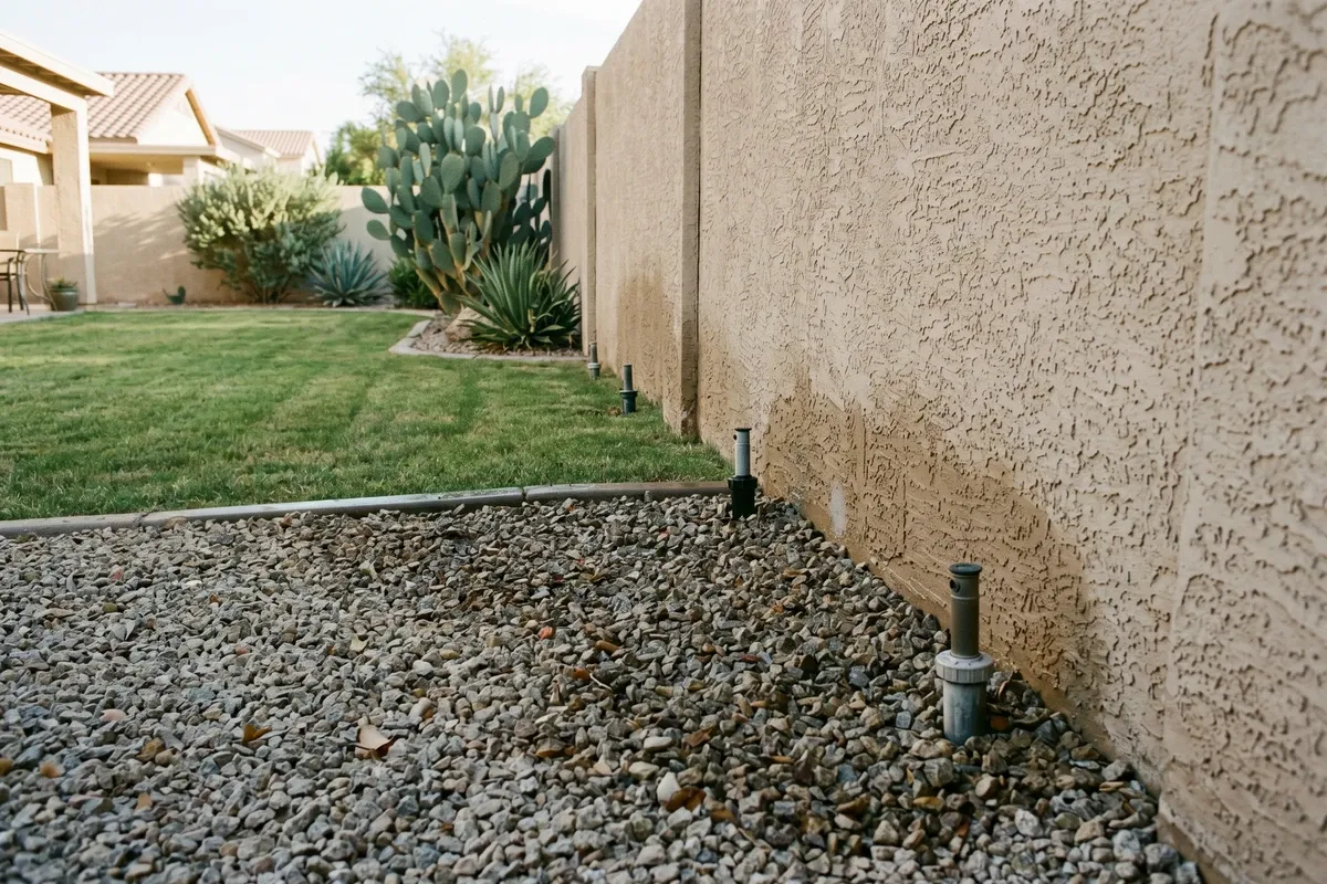 Phoenix backyard with stucco perimeter wall and desert plants, sprinkler heads visible in gravel landscaping near a stucco wall base, slight moisture darkening at the base of the wall.