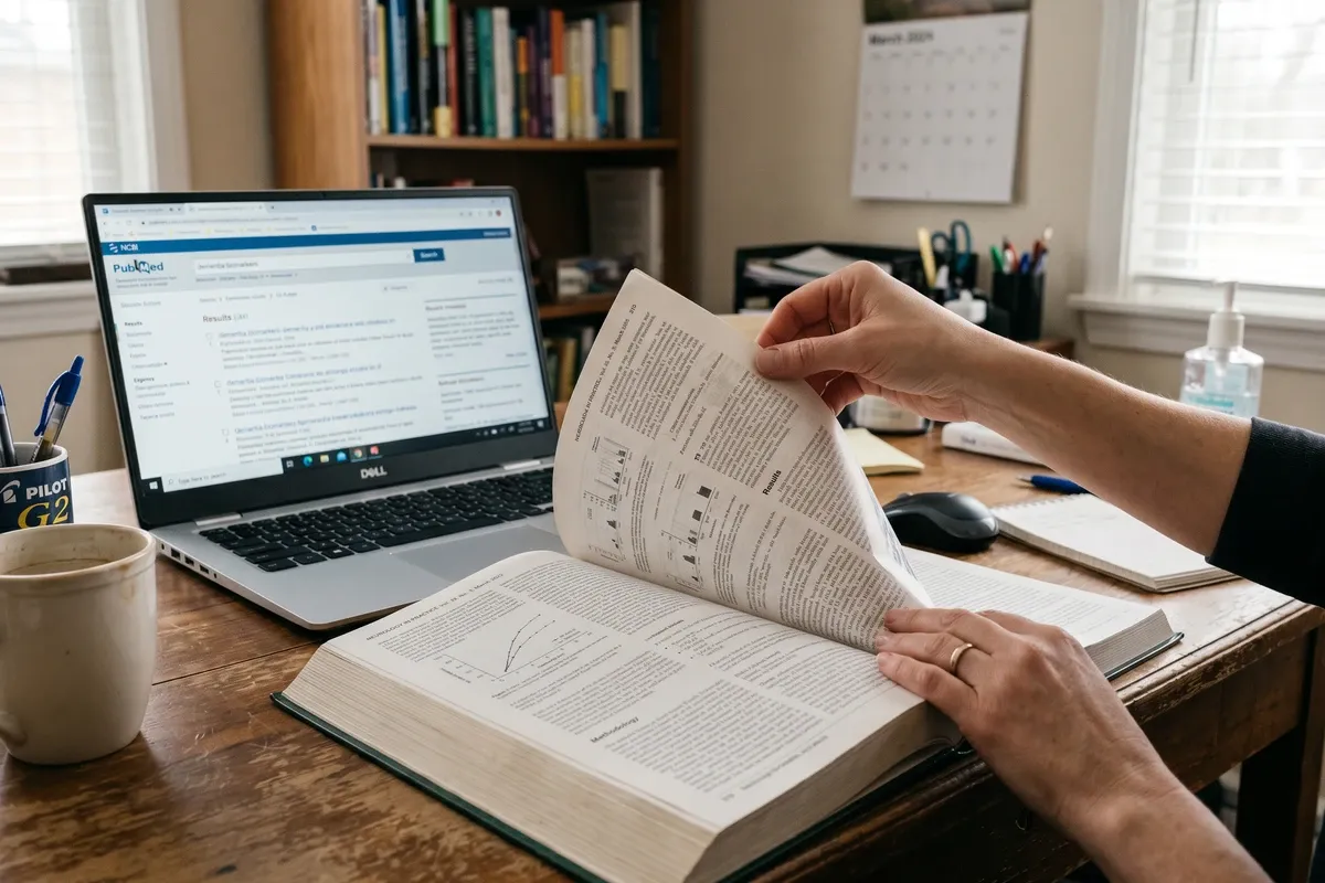 Hand turning the page of a medical journal on a research desk with a laptop showing a PubMed search nearby