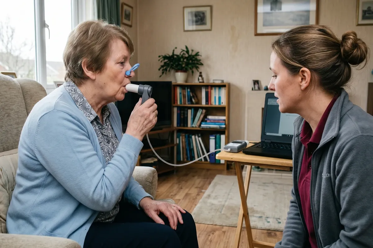 An older adult performing a spirometry lung function test with a clinician beside her in a home visit, breathing into a handheld device connected to a laptop.