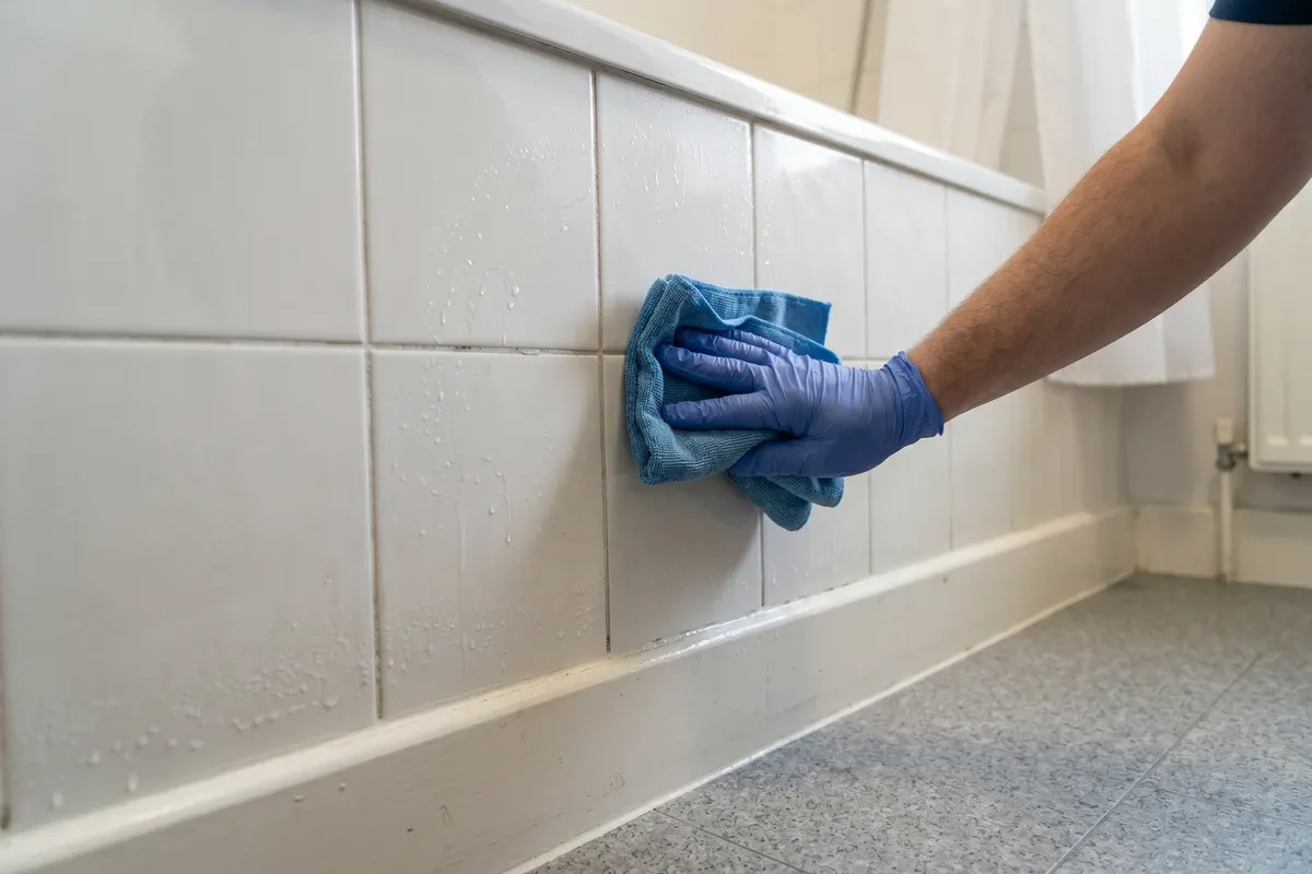 Gloved hands wiping moisture from a bathroom tile wall near the baseboard with a cleaning cloth, bright bathroom, no faces.