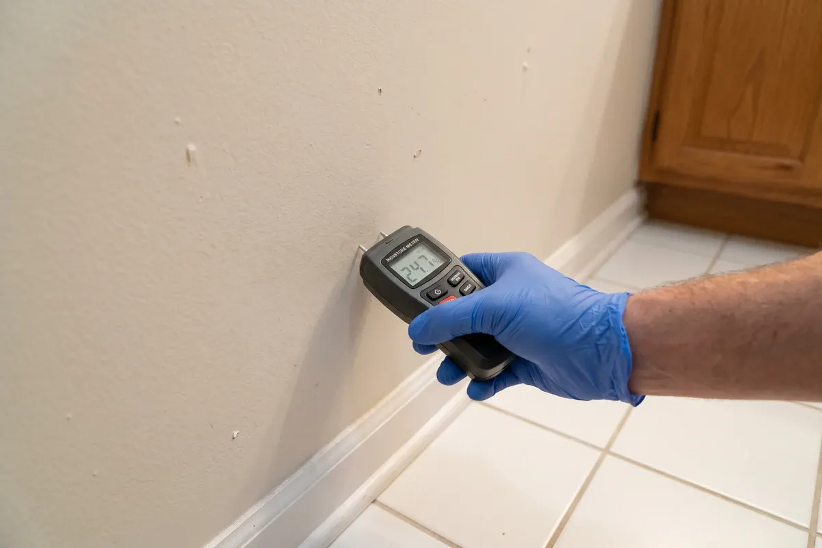 A gloved hand pressing a moisture meter against the lower section of an interior wall in a Phoenix home, checking for hidden dampness, available indoor light.