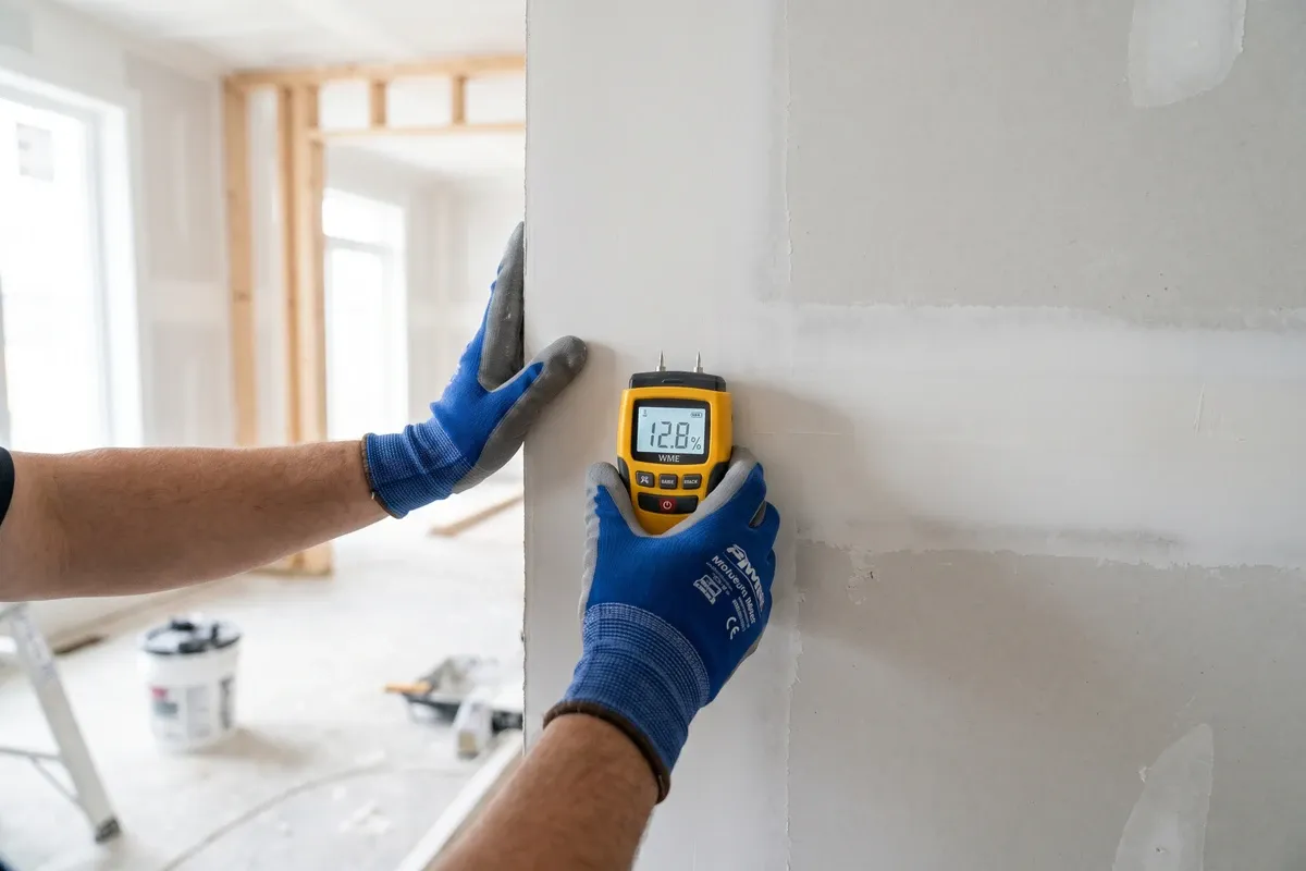 Gloved hands holding a moisture meter against drywall in a newly built home interior, the tool pressed flat against the painted surface, diffuse interior light.