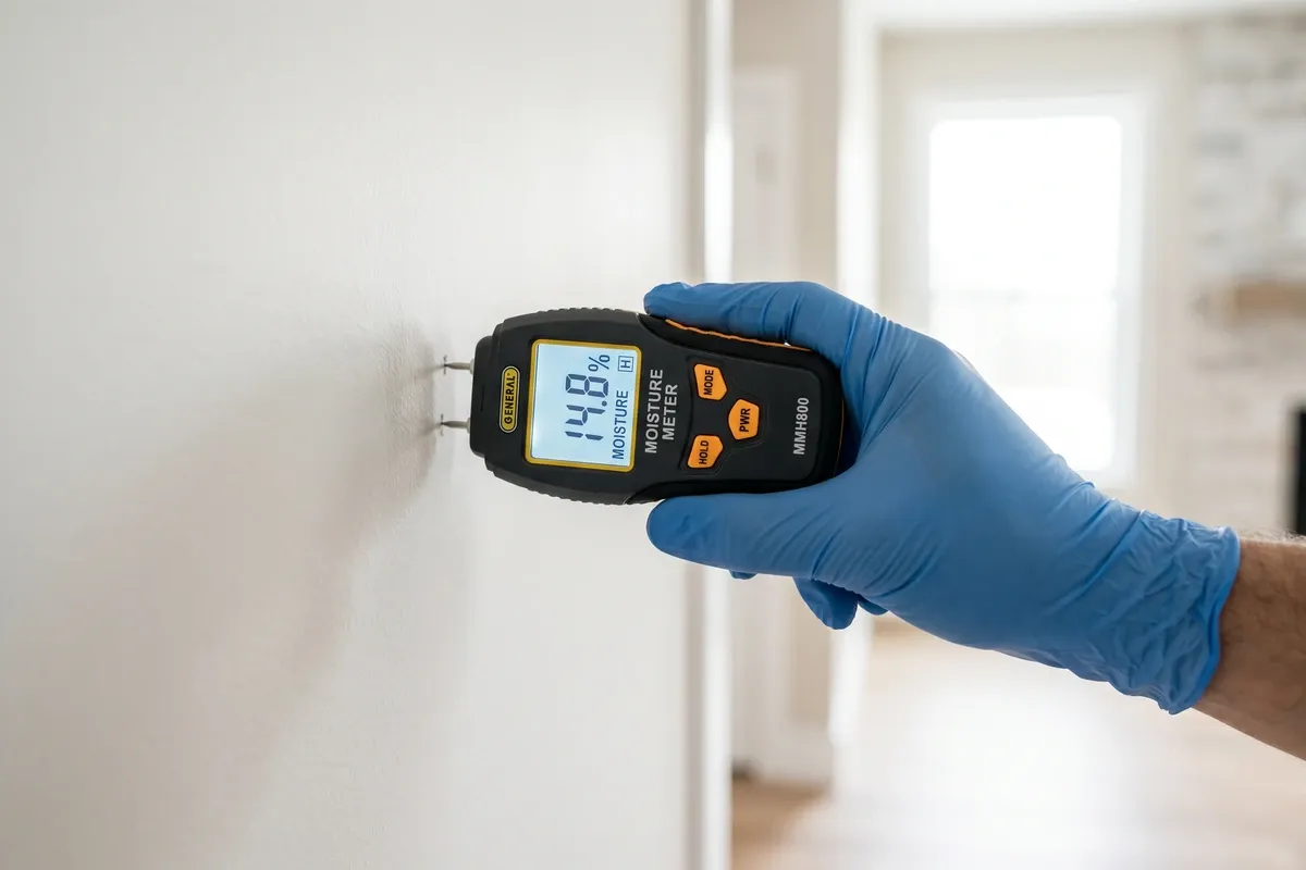 Moisture meter device held against a residential drywall surface by a gloved hand, clean commercial setting, professional scene, indoor residential environment.