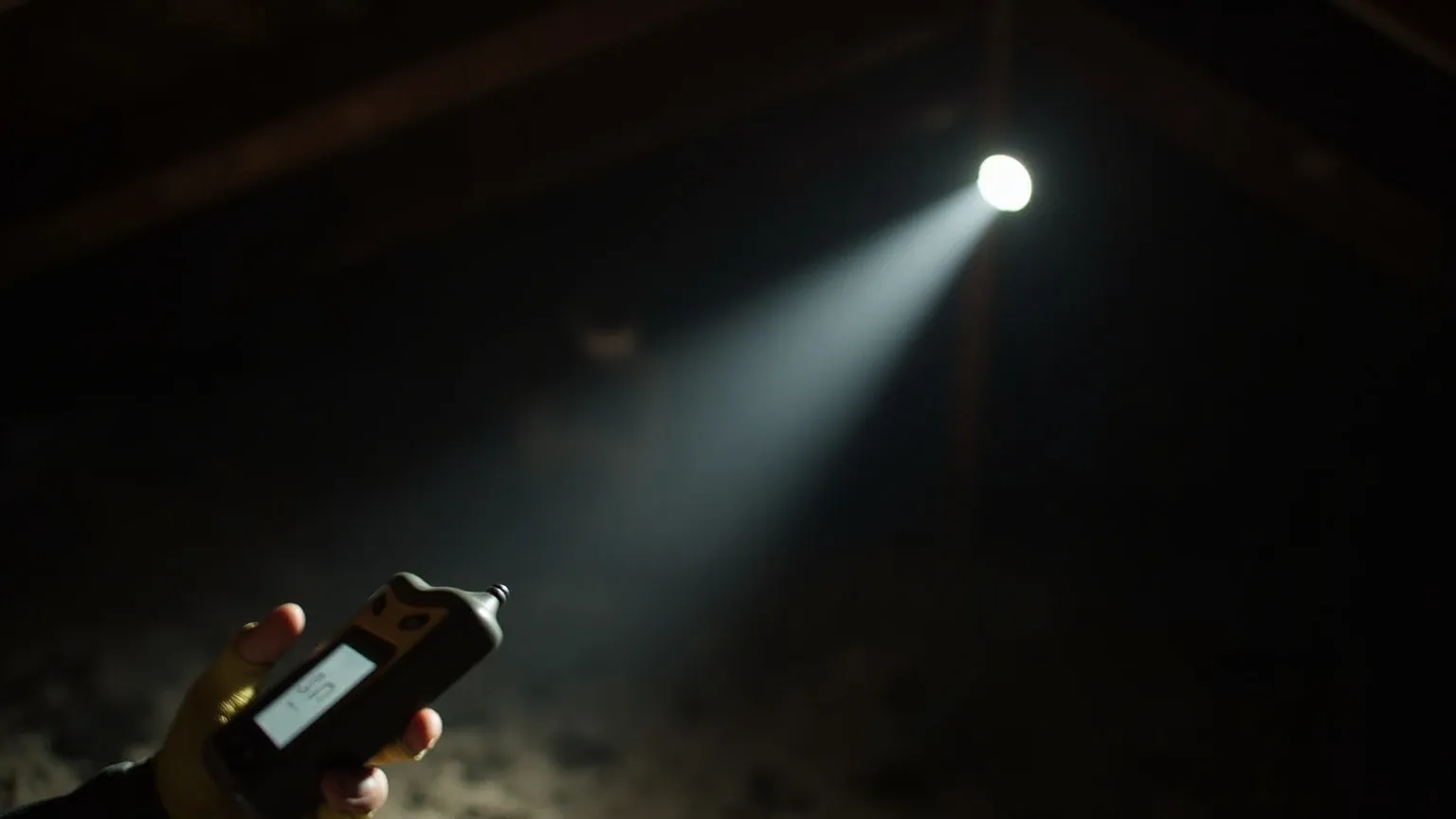 A gloved hand shining a flashlight and holding a moisture meter in a dim attic during a Phoenix mold inspection.