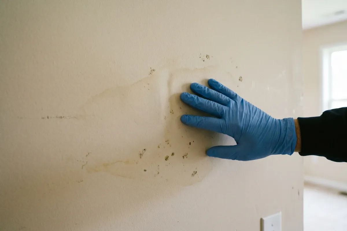 Gloved hand pressing against interior drywall showing faint moisture staining and early mold spotting, home inspection scene, no identifiable faces