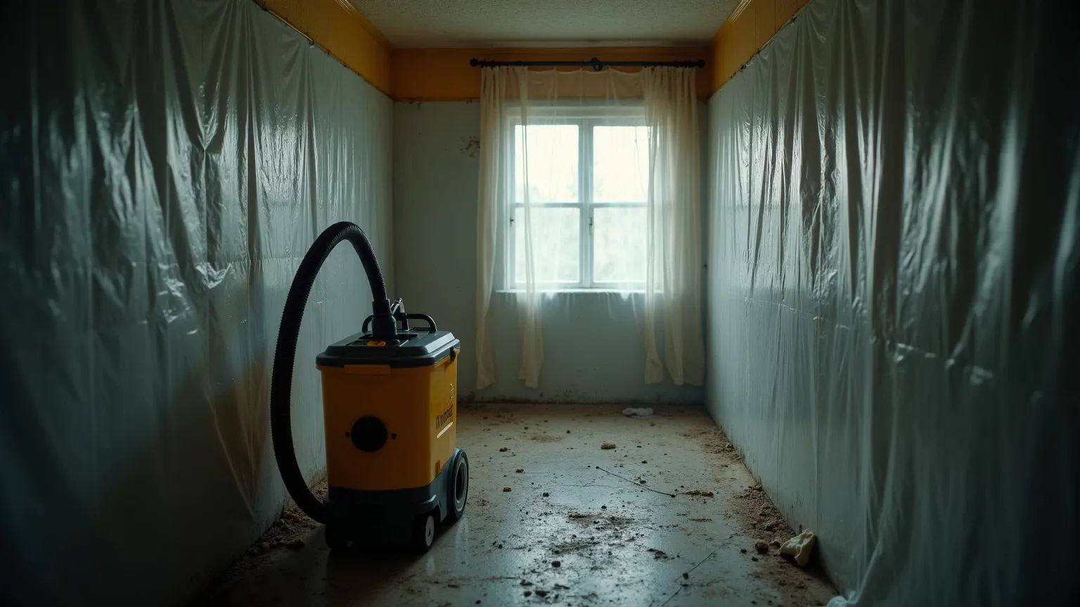 An interior room sealed with plastic containment and a HEPA air scrubber running during mold remediation in a Phoenix home.
