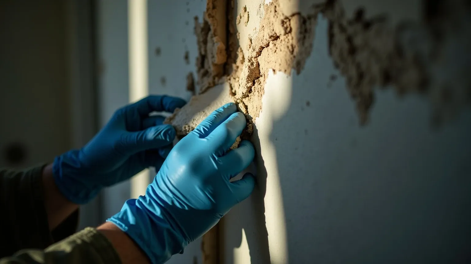 A technician in gloves removing mold-damaged drywall during a Phoenix mold removal job, lit by a work light.