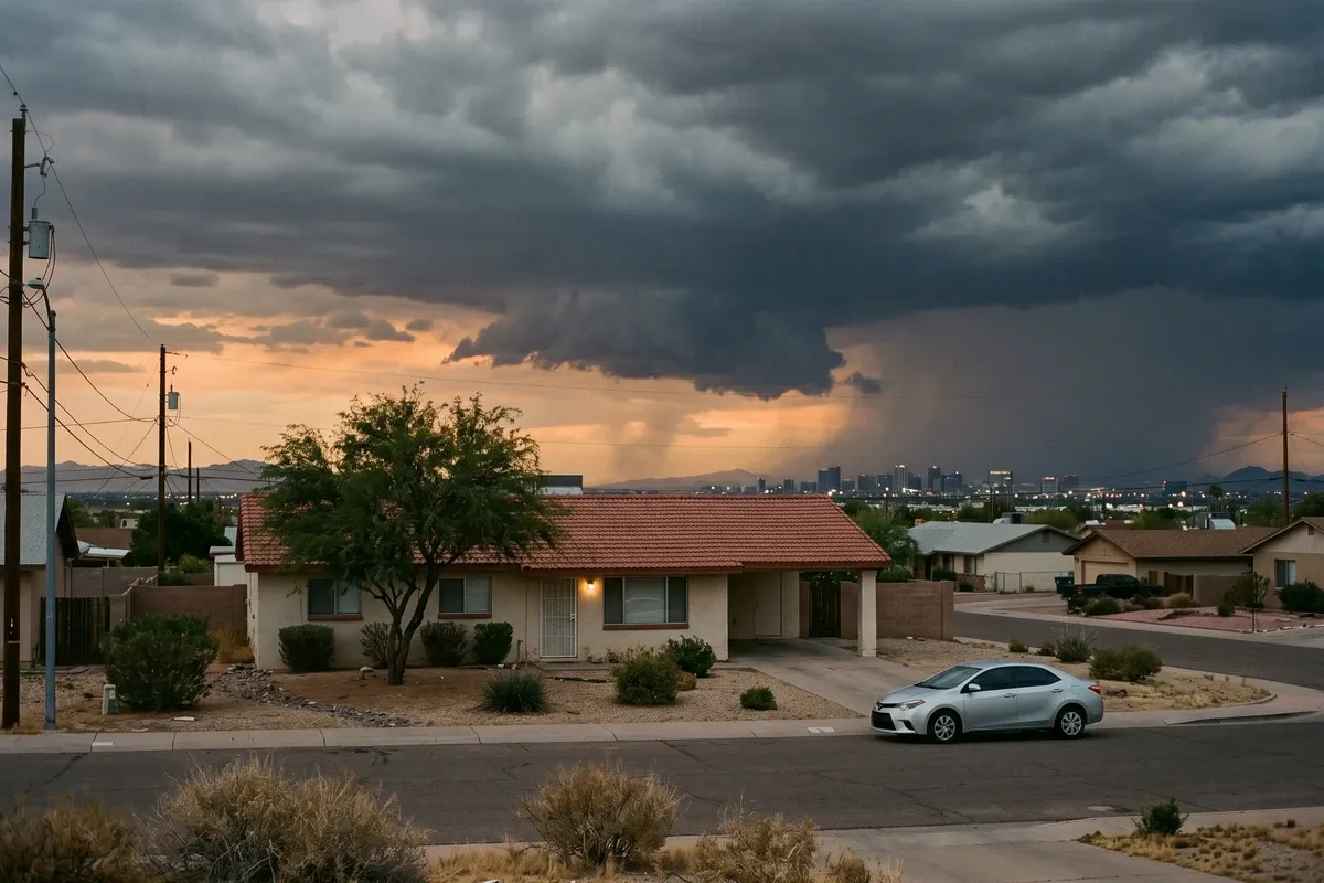 Dark monsoon storm clouds building over a flat Phoenix valley skyline at dusk, orange and grey sky, dramatic but calm natural lighting.