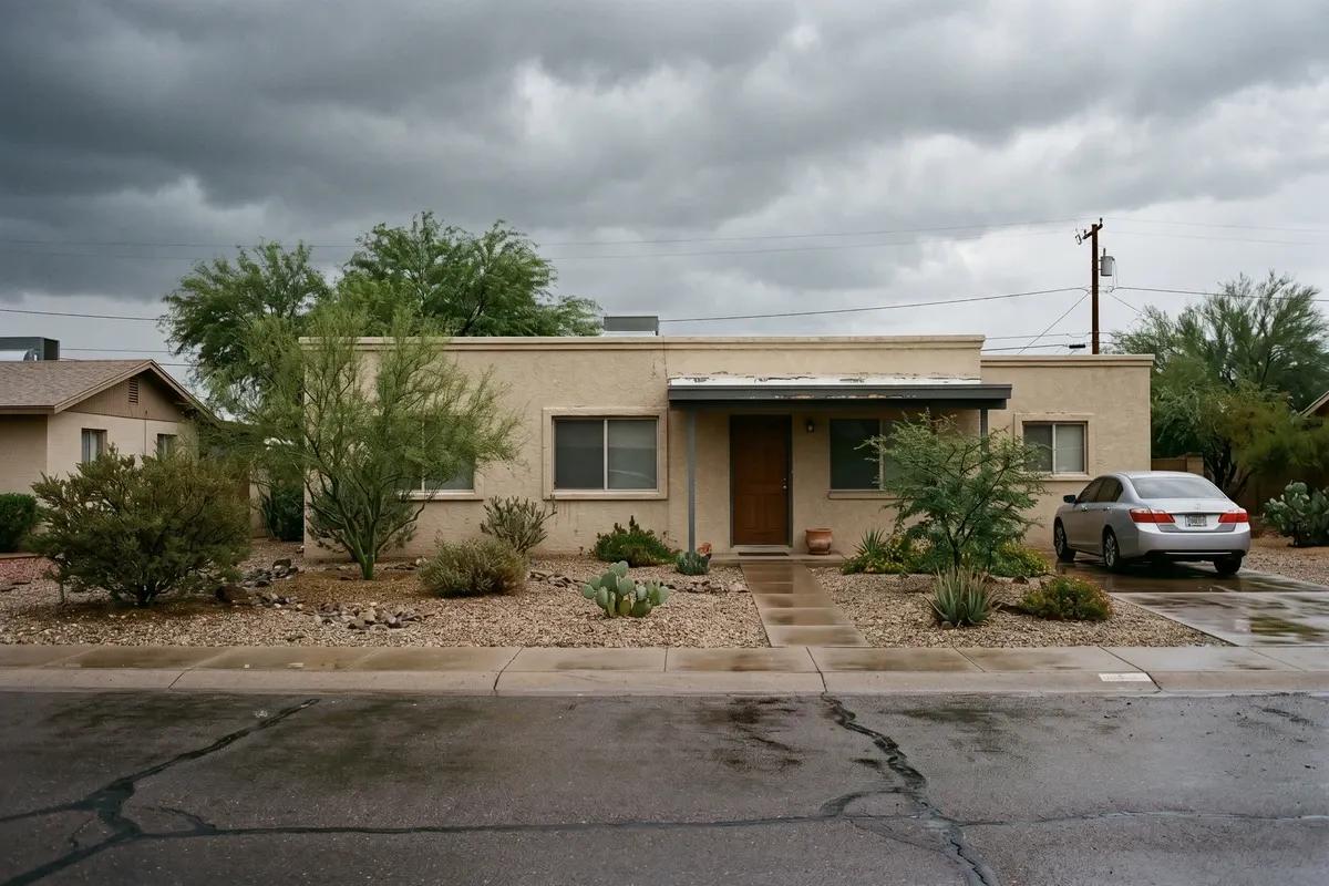 A Phoenix stucco home exterior on an overcast monsoon afternoon, dark storm clouds overhead, wet pavement from recent summer rain, flat roof visible, desert landscaping.