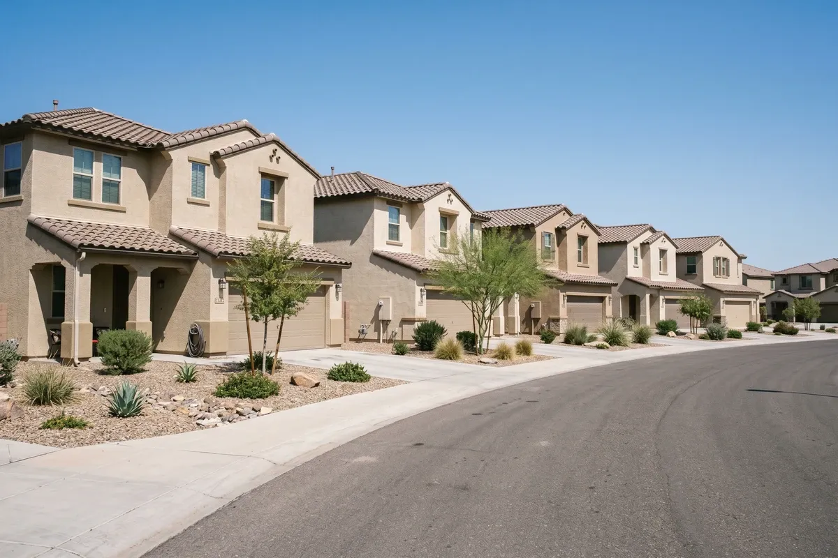 A row of newly completed stucco homes in a Phoenix suburban neighborhood, desert landscaping, tile roofs, clear blue sky.