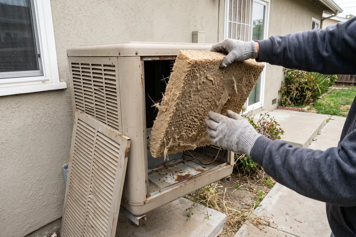 Gloved hands lifting a spent, dusty aspen-fiber cooler pad out of a swamp cooler panel frame in daylight, light organic dust visible on the fibers.