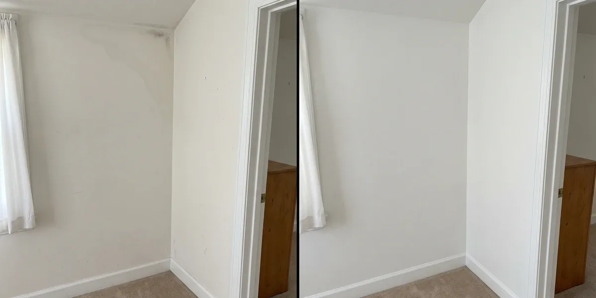 A real Peoria mold removal job shown before and after — mold-damaged surface on the left, cleaned and repaired on the right.