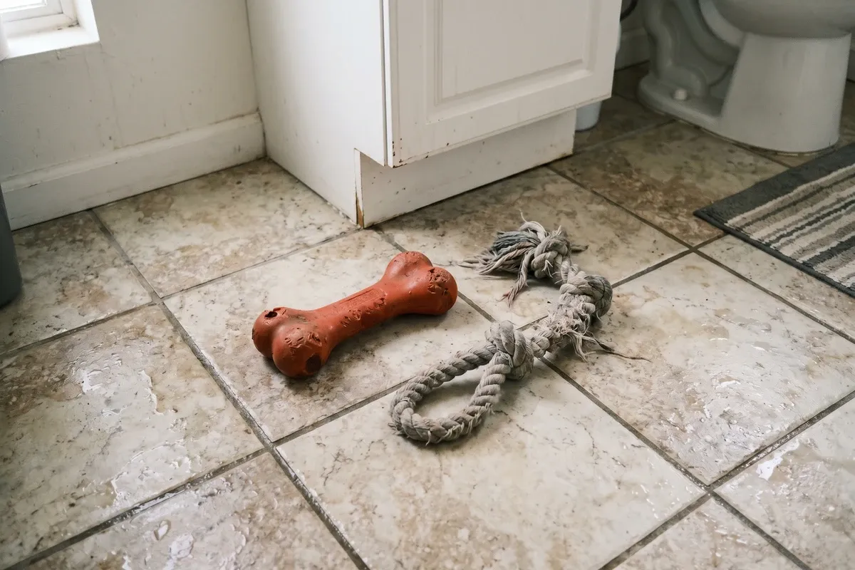 A rubber chew toy and a rope toy sitting on a damp bathroom floor, slightly discolored from use, soft indoor light, no animals.
