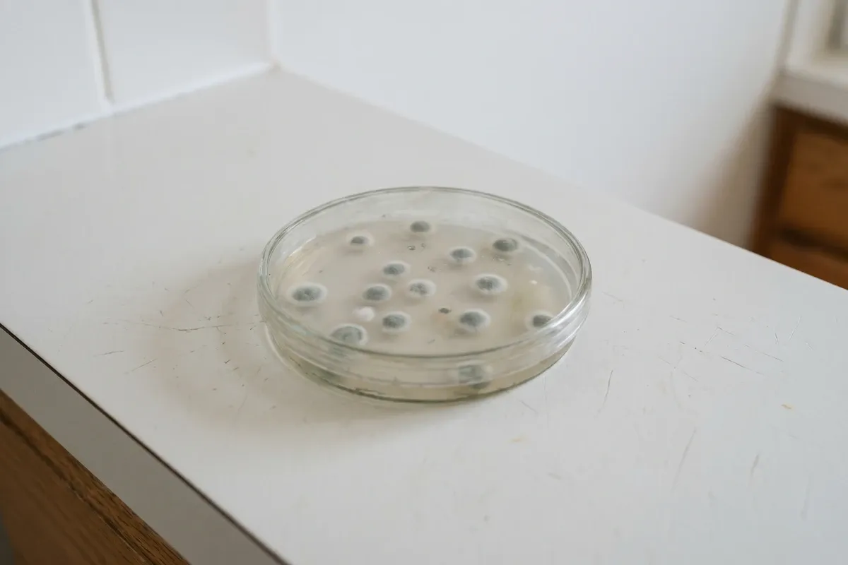 Close-up of a petri dish on a white counter showing a few small faint mold colonies growing, natural daylight, simple clean setting.
