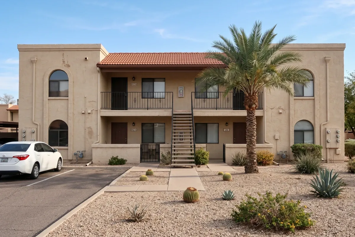 Phoenix two-story stucco condominium building exterior, warm midday sun, desert landscaping with gravel and small palm, tan walls, no people.