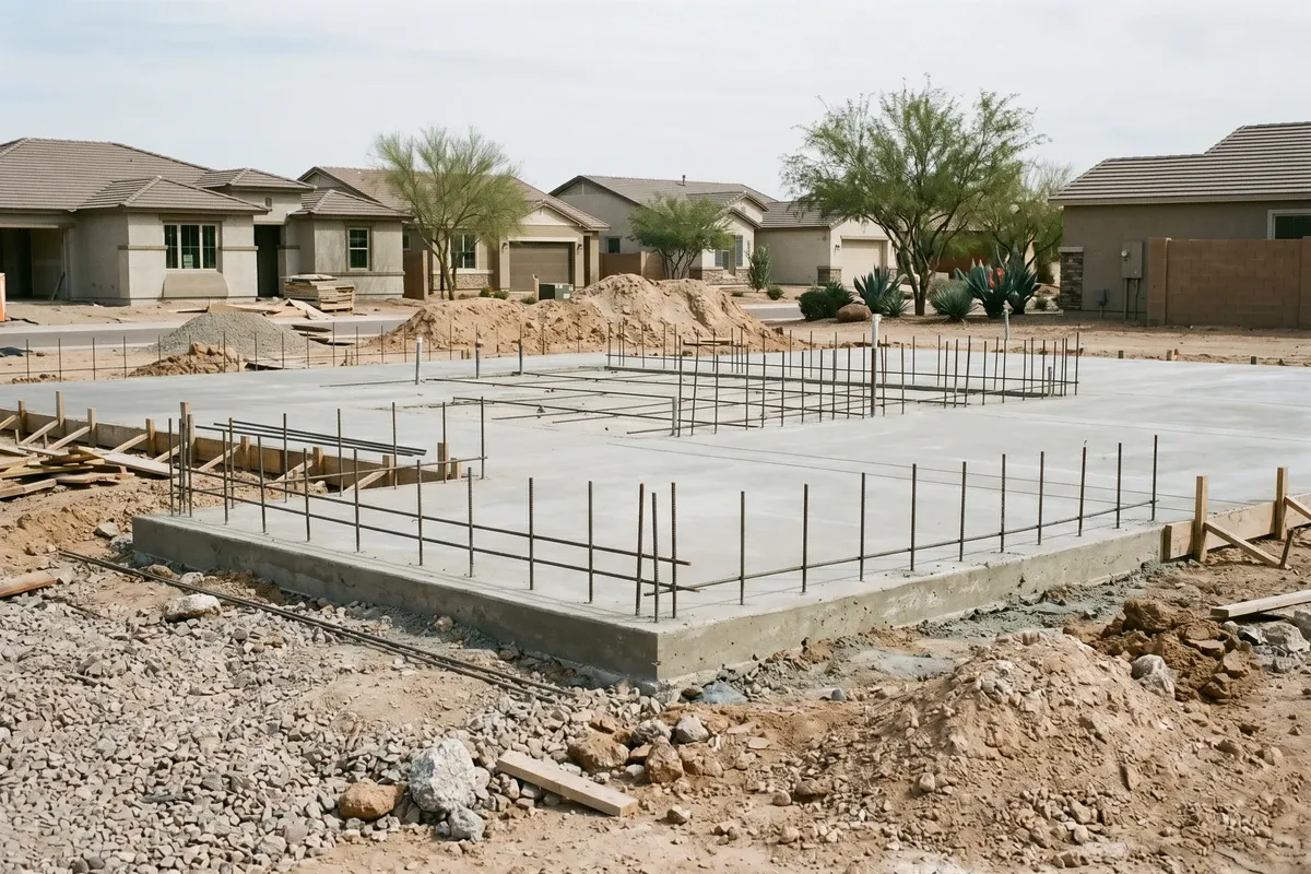 A freshly poured concrete slab foundation during residential construction in a Phoenix desert neighborhood, rebar visible, caliche desert soil, mid-morning flat light.