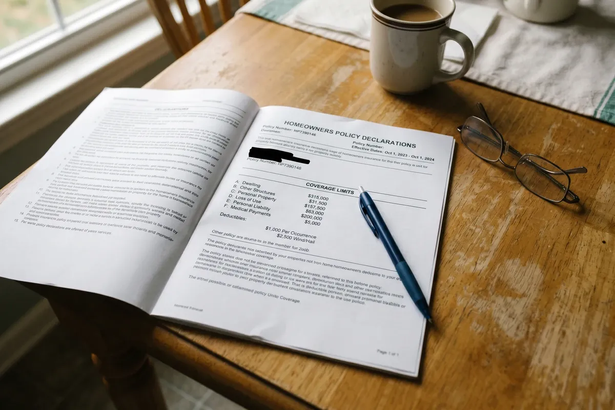 A homeowners insurance policy declarations page spread open on a kitchen table with dense small print and a visible coverage limits section, a ballpoint pen resting on the page and reading glasses beside it in warm morning light.