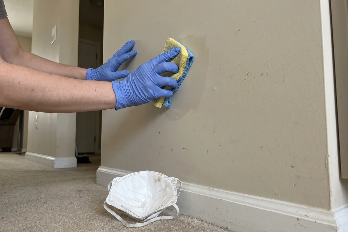 Blue-gloved hands wiping a painted interior wall with a damp cloth, a white N95 respirator resting on the floor below