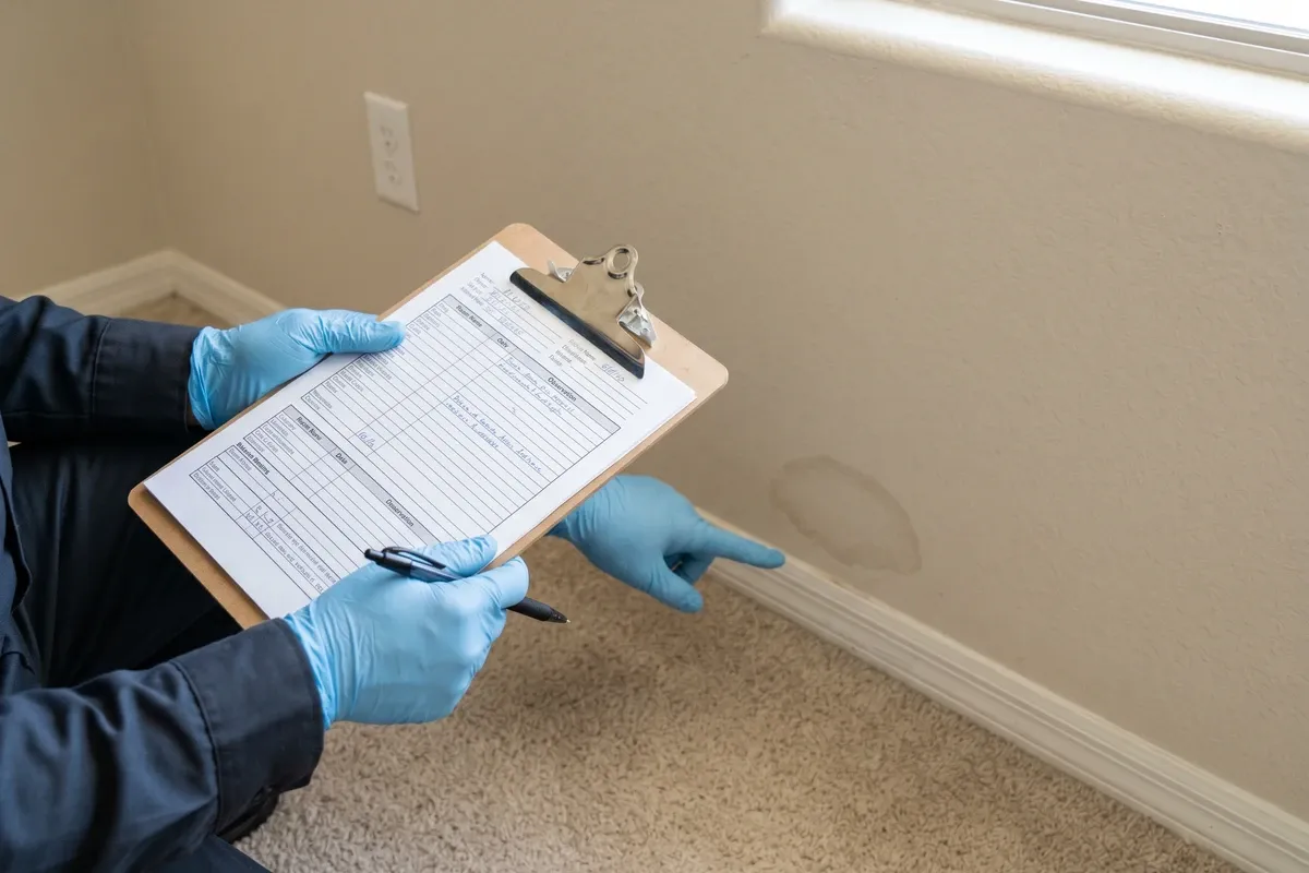 Gloved hands holding a clipboard during a professional mold inspection near a baseboard with a faint moisture stain on residential drywall, no faces visible, natural indoor light.