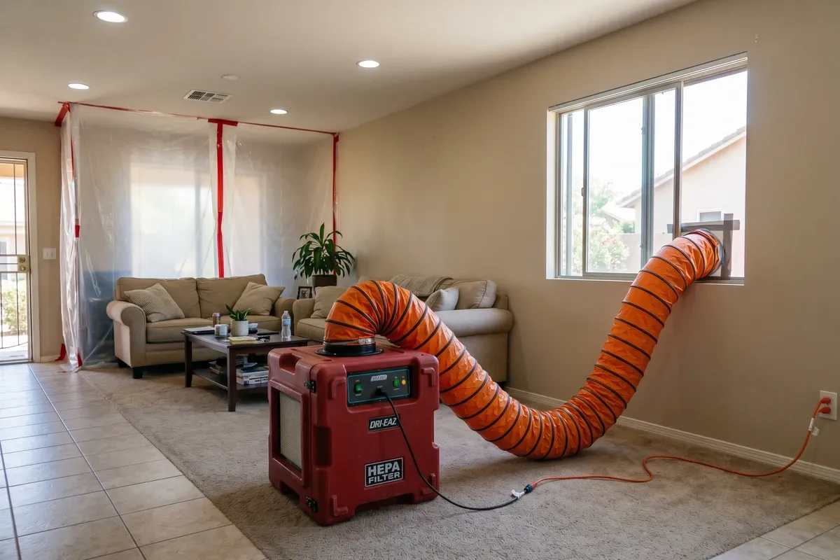 HEPA negative-air scrubber running in a Phoenix living room during mold remediation, with an orange 12-inch flexible exhaust duct routed to a nearby window and poly containment sheeting visible in the background, calm daytime working scene.