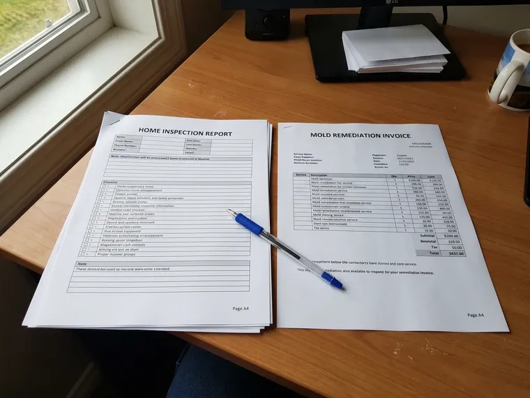 Overhead view of a desk with a printed home inspection report and a remediation invoice side by side, a ballpoint pen resting across them, clean and tidy documentation scene