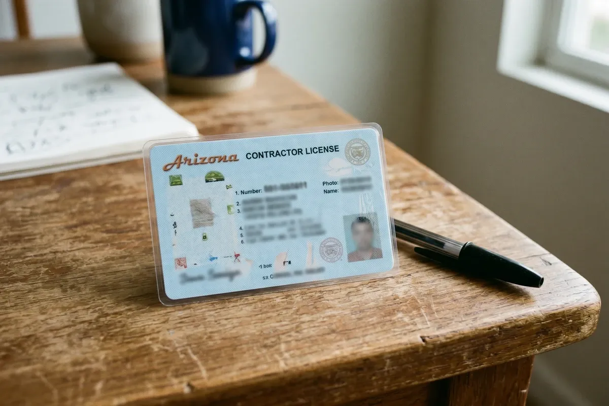 A light blue government contractor license card lies on a wooden table next to a ballpoint pen, partially visible, with no legible text or numbers showing.
