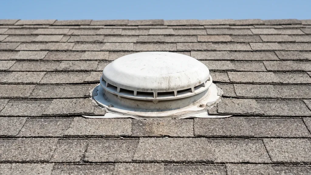 White round plastic exhaust vent cap on an asphalt shingle roof surface, weathered and ordinary, no labels or text, clear sky visible in background.