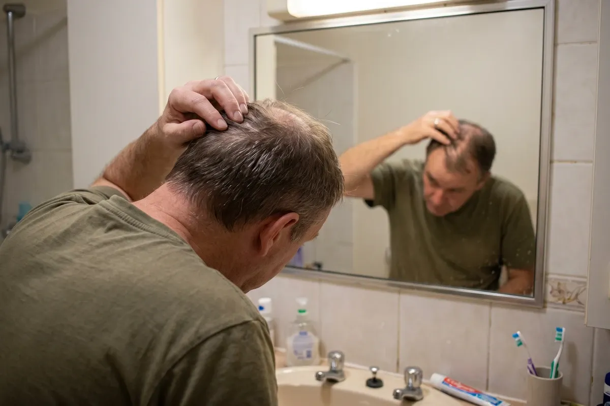 A person examining their scalp in a bathroom mirror, looking at the back of their head under warm indoor light — common self-examination for diffuse thinning.