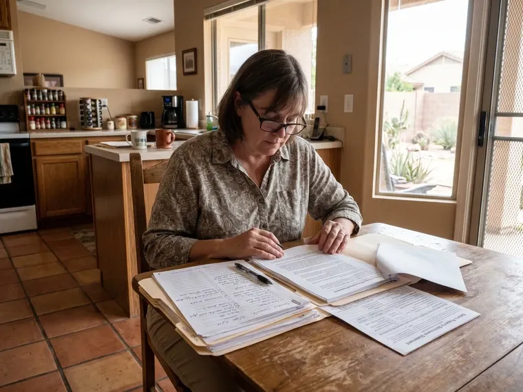 Homeowner seated at a kitchen table reviewing paperwork including a disclosure form and checklist, pen in hand, bright natural light, no face clearly shown